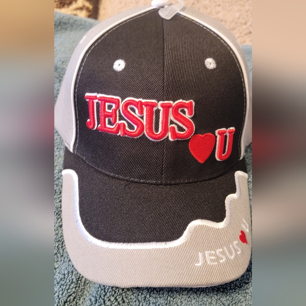 New Adjustable Black and White Jesus Loves U Cap with Red Embroidery